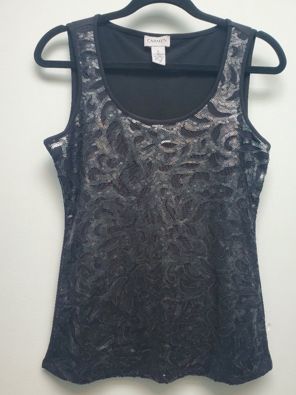 Carmen Marc Valvo Black Sequin Tank Top Scoop Neck Dressy Shimmer Lined Medium